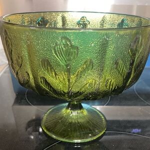 Elegant Green Glass Pedestal Vintage Bowl